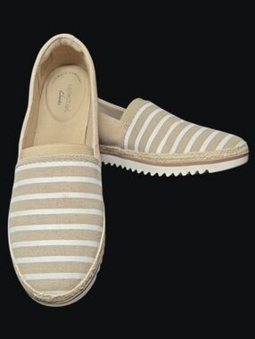 Clarks Serena Paige Tan And White Striped Espadrille Loafers